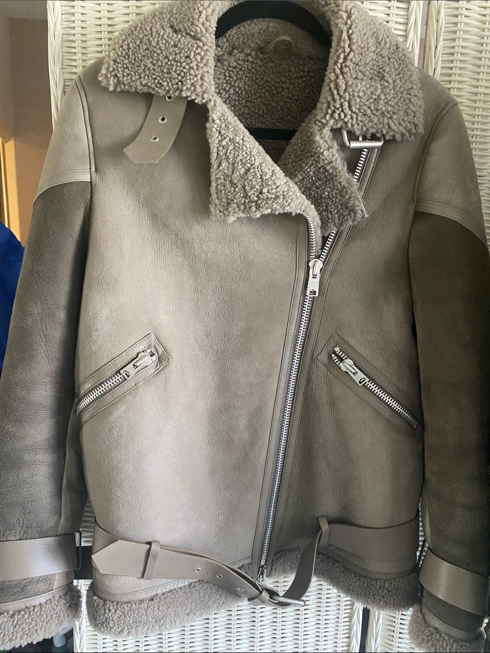 All Saints Taupe Shearling-Trim Suede Aviator Jacket
